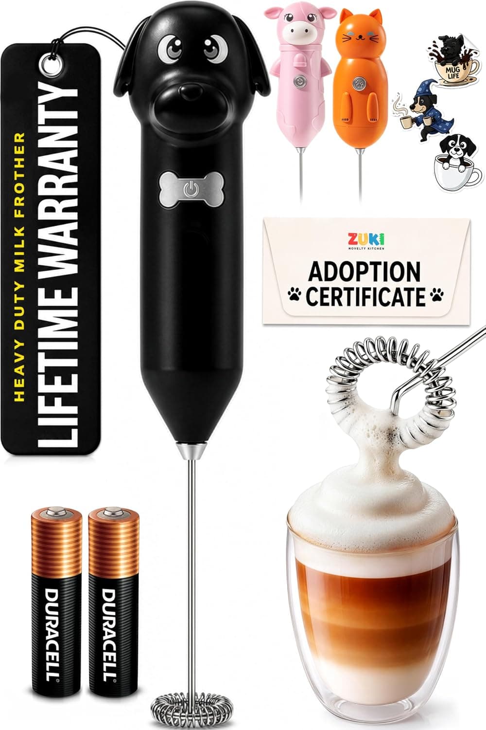 Zulay Kitchen Dog Milk Frother Wand – Cutesy Frother, Meet Your New Frothing Buddy Ace The Dog, Adoption Papers and Stickers Included, Paw-fectly for Lattes, Cappuccino & Matcha – Black
