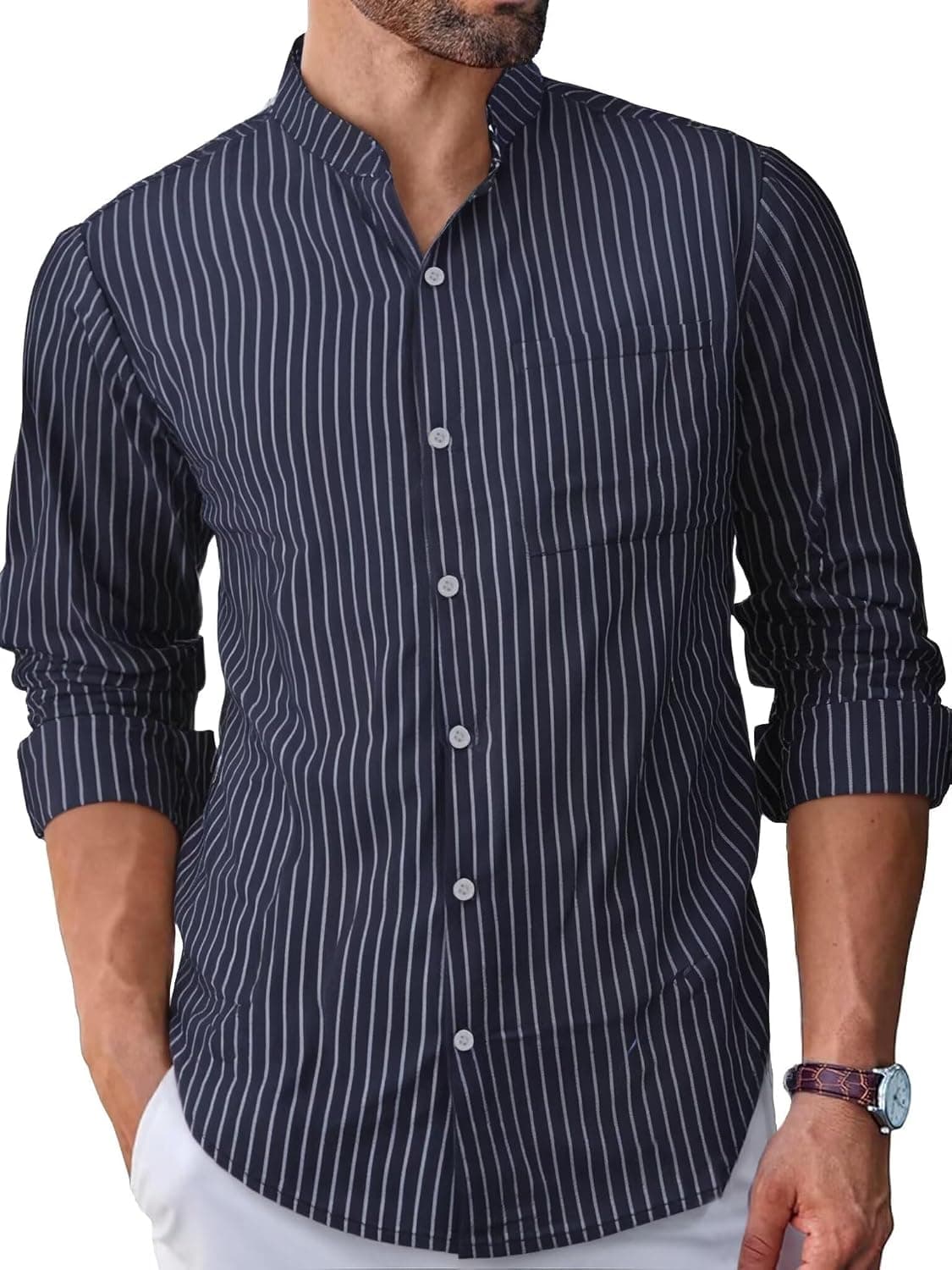 BAYAMO Men's Banded Collar Stripe Shirt, Linen Cotton Mandarin Collar Long Sleeve Button Down Shirts Collarless Tops(Navy Blue X-Large)