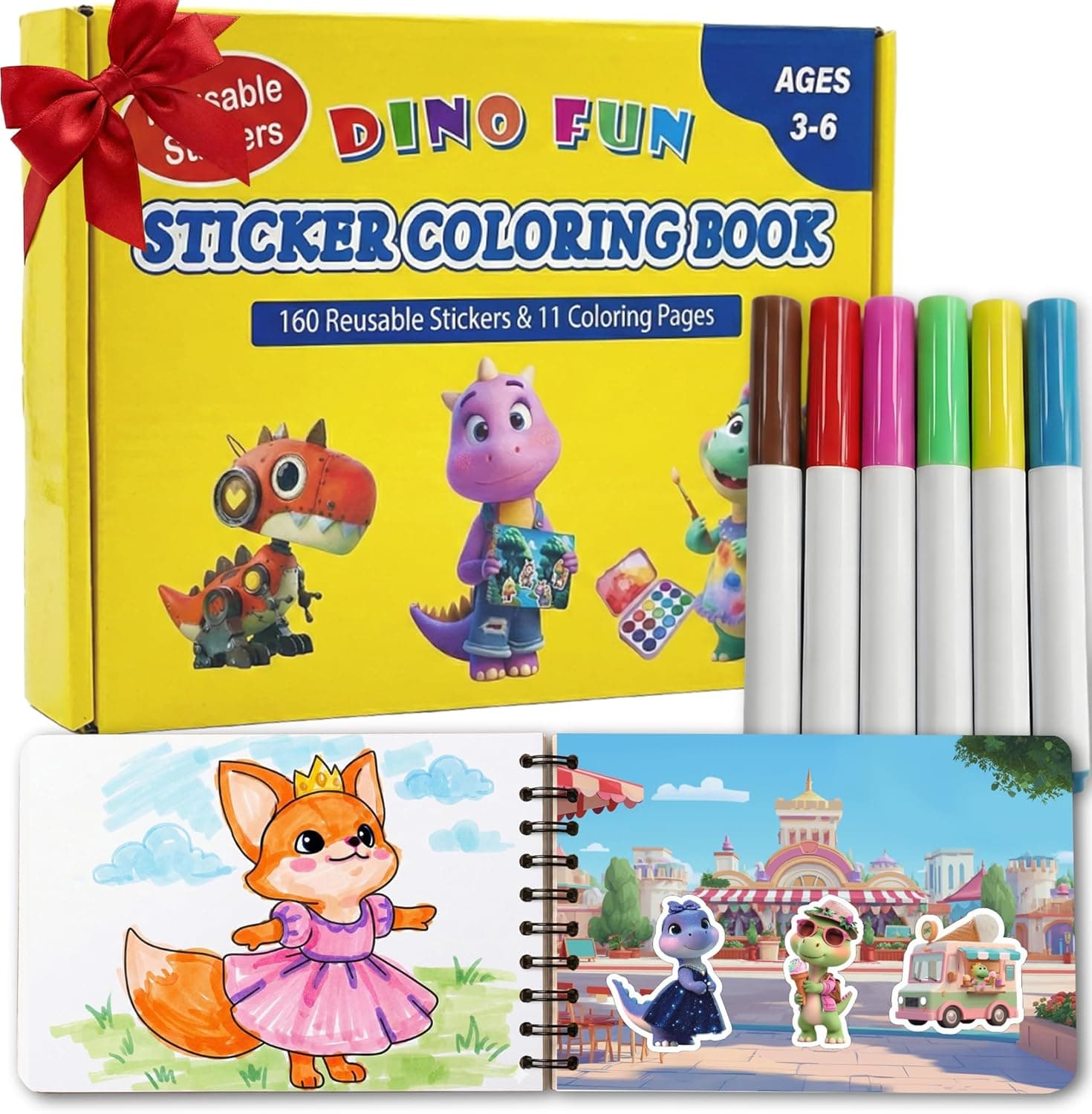 Dino Fun Reusable Sticker & Coloring Book for Kids | 2-in-1 Set with 160+ Stickers, 6 Markers & 11 Themes | Educational Travel Toy Gift for Ages 4-8
