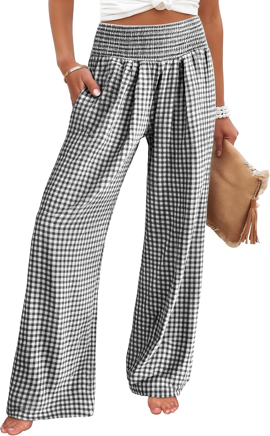 ANRABESS Womens Striped Gingham Palazzo Pants | Wide Leg Smocked High Waisted Pajama Pants, Lounge & Casual, Summer Fall Cute Pants with Pockets