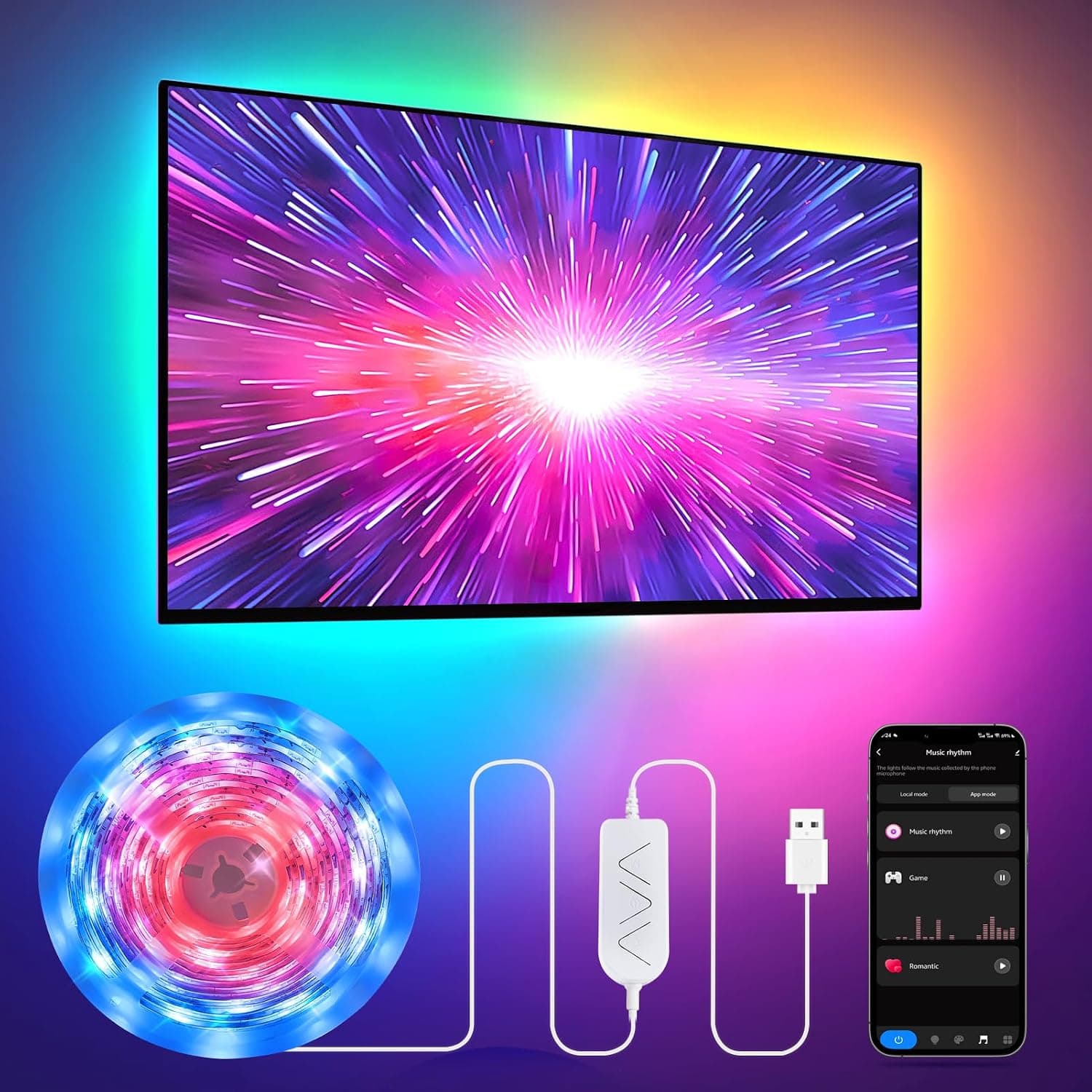 9.84ft RGB+IC LED Lights for 32-43 Inch TV, Backlight Strip Behind TV with Music Sync, Bluetooth APP and Voice Control, 44 Scene Modes, for Ambient Mood Lighting, Monitor Game, Bedroom, Living Room