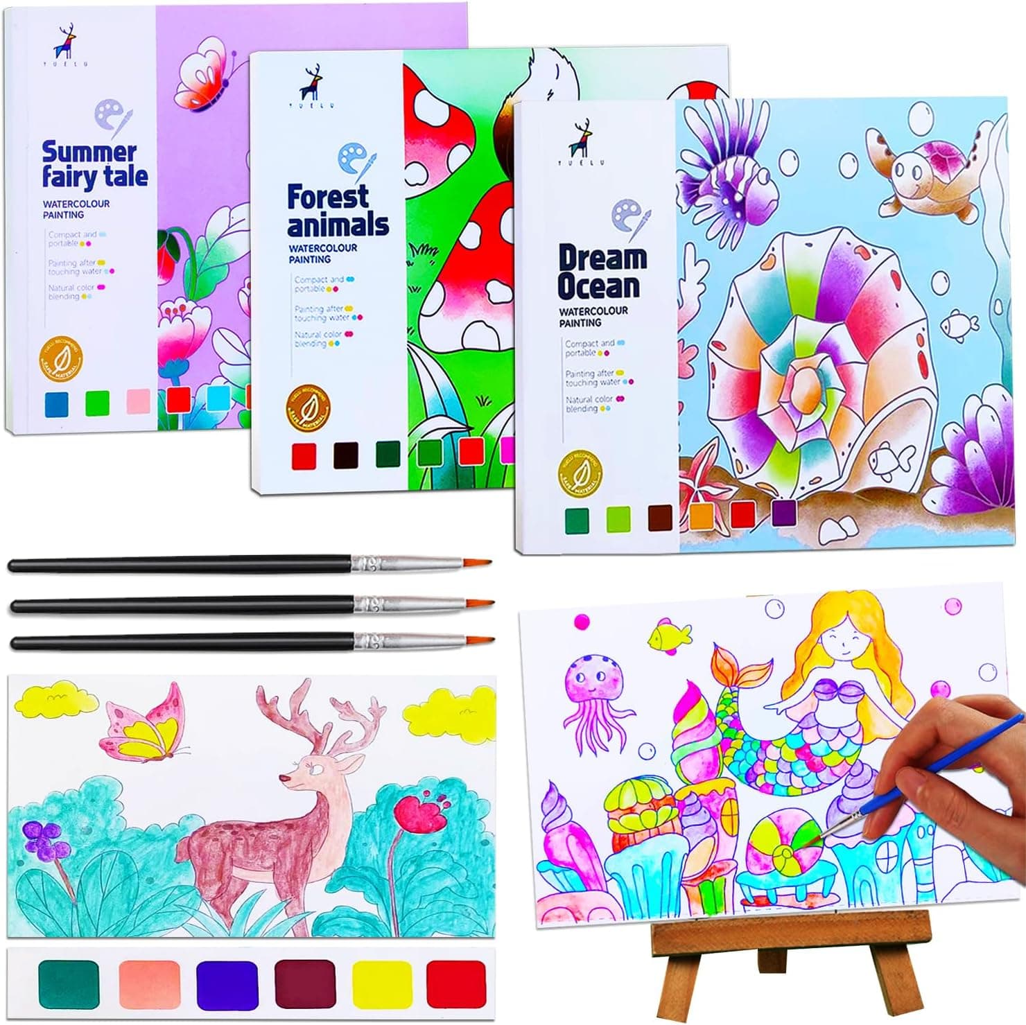 JUNQIU 3Pack Water Color Paint Sets for Kids, Paint With Water Books, Pocket Watercolor Painting Book, Arts and Crafts for Girls Gifts,Stocking Stuffers For Kids
