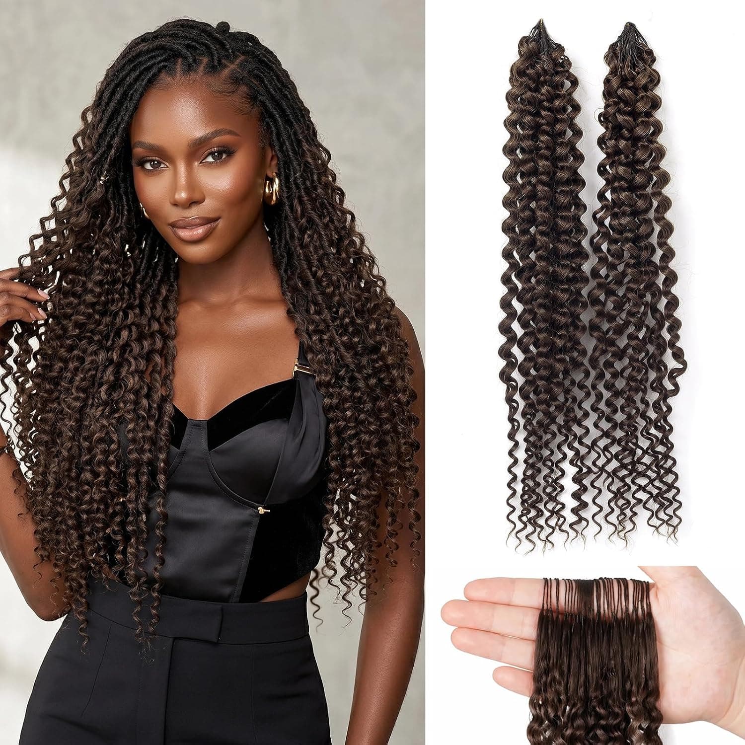 Feather Crochet Human Hair for Black Women - 20 Inch 60g Pre-Separated 50 Strands Deep Wave with Invisible Miracle Knots, Boho Style (Chocolate Brown 4#)