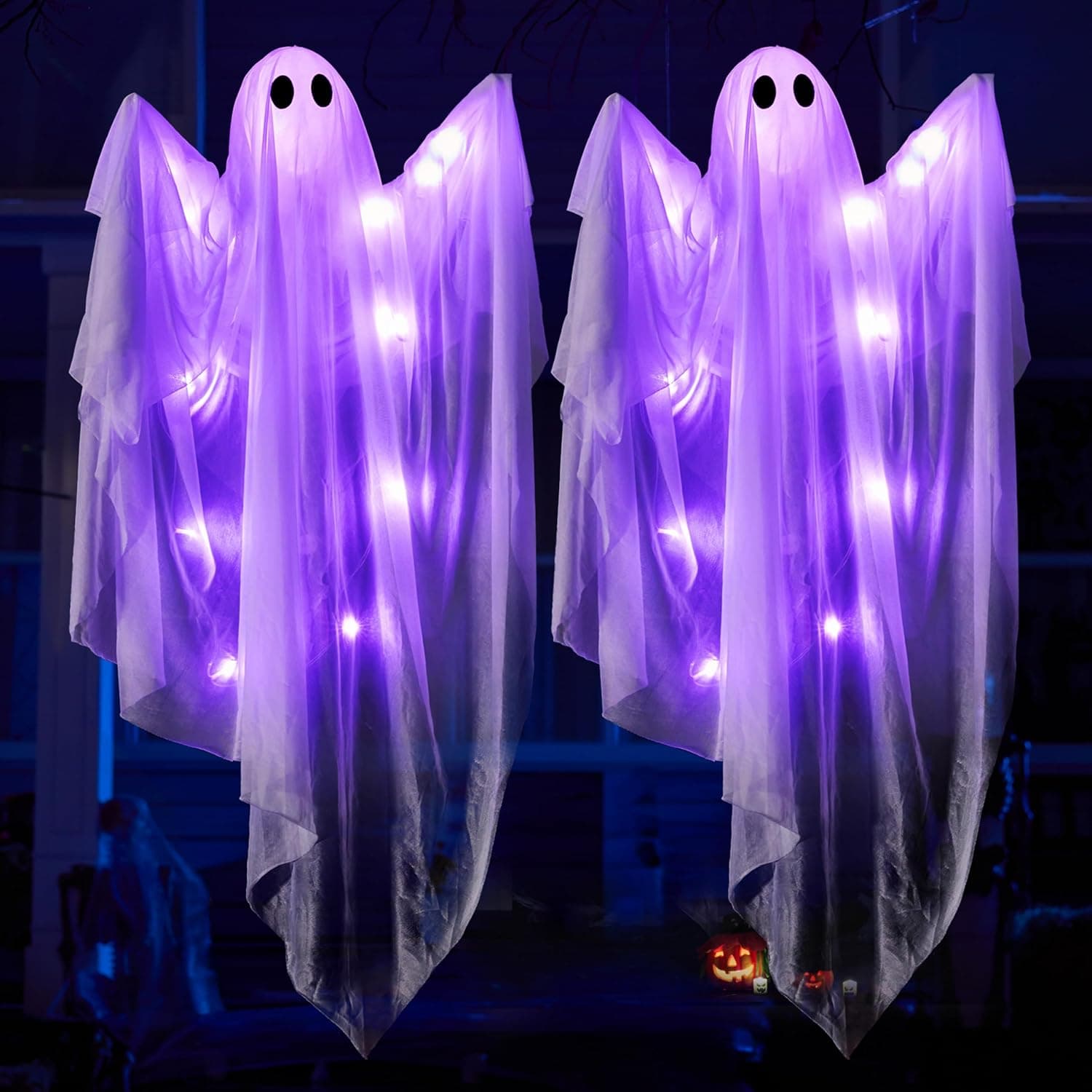 JOYIN 2 Pcs 47โ Halloween Hanging Light up Ghost Decorations Outdoor, Halloween White Hanging Ghosts with Purple LED Lights for Haunted House Prop, Party Supplies, Front Yard Patio Garden Decor