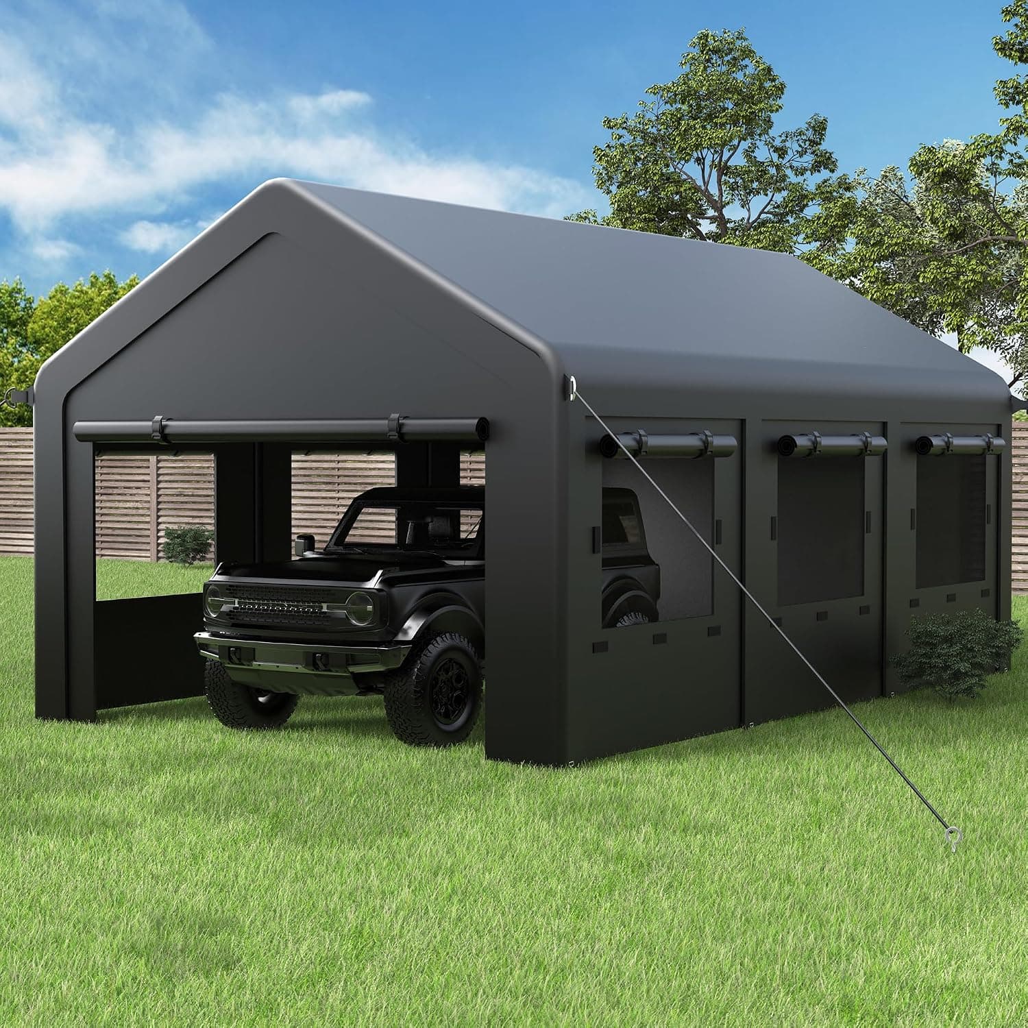 12x20 FT Heavy Duty Carport, Portable Garage Canopy with Roll-up Windows, Removable Sidewalls & Doors, All-Season Outdoor Car Shelter for Car, Truck, Boat, Motorcycle, Grey