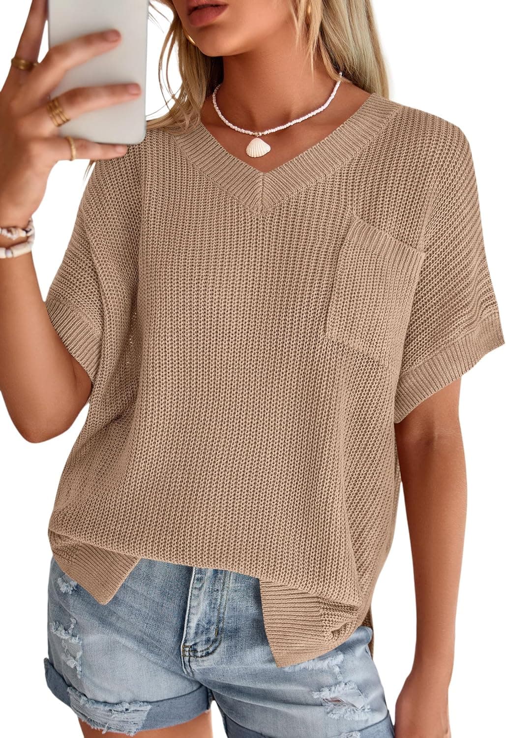 PRETTYGARDEN Womens Summer Sweaters, Short Sleeve V Neck Loose Fit Knit Top with Pocket, Versatile, Cute Resort Vacation Wear