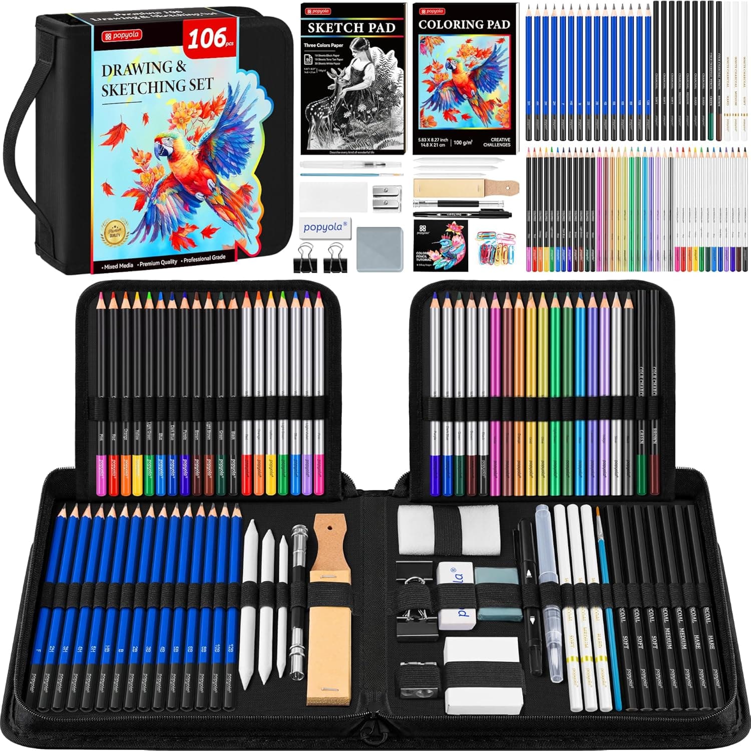 106 Pack Art Supplies Sketching Kit with 3-Color Sketchbook, Coloring Book, Tutorial, Graphite Colored Charcoal Watercolor & Metallic Pencils, Drawing Supplies Gift Case for Artists Beginners Adults