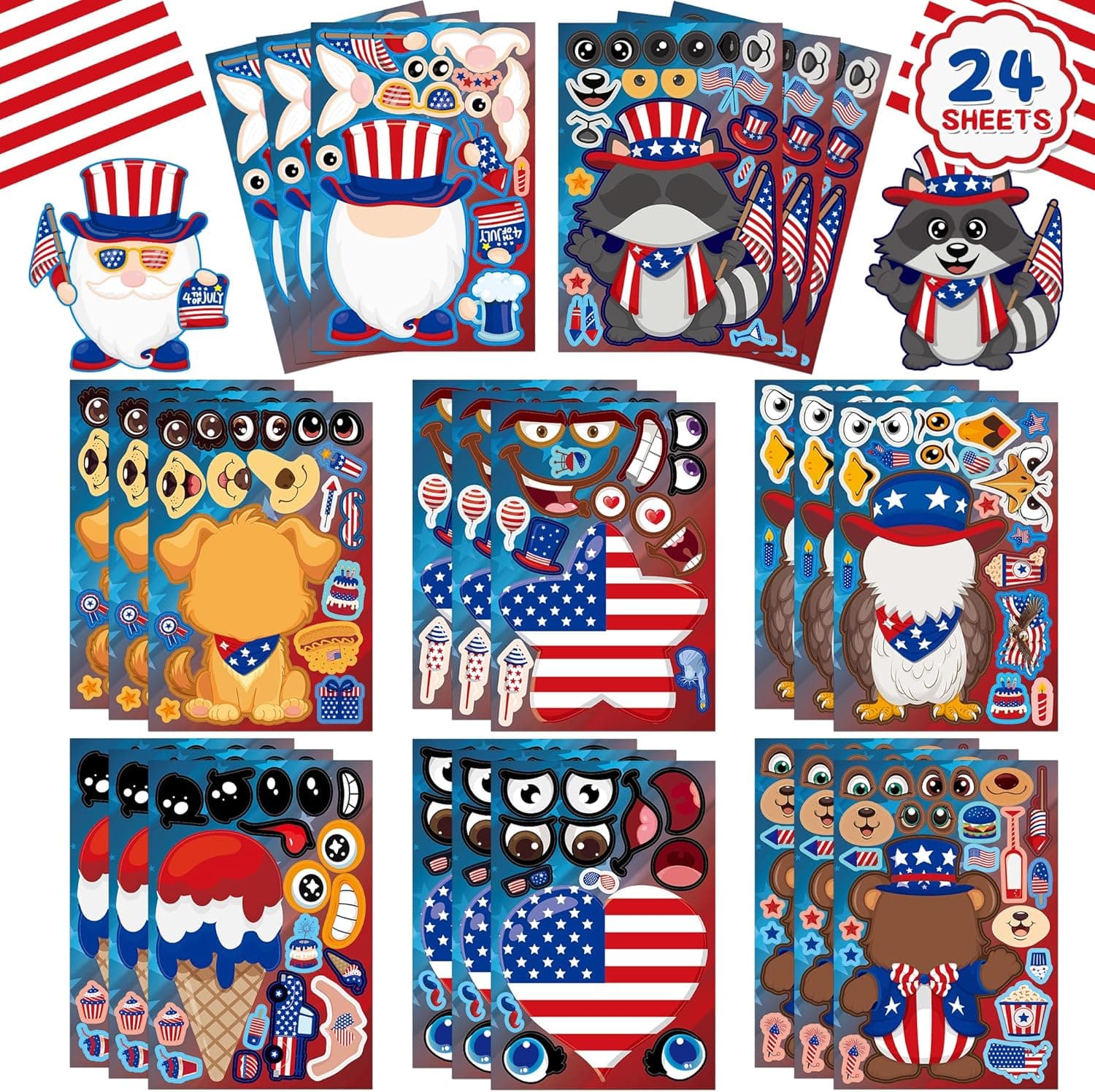 4th of July Stickers for Kids, 24 Sheets Make Your Own Face Stickers Patriotic Crafts Independence Day Party Favors Supplies Fourth of July Activities Games for Kids Memorial Day Party
