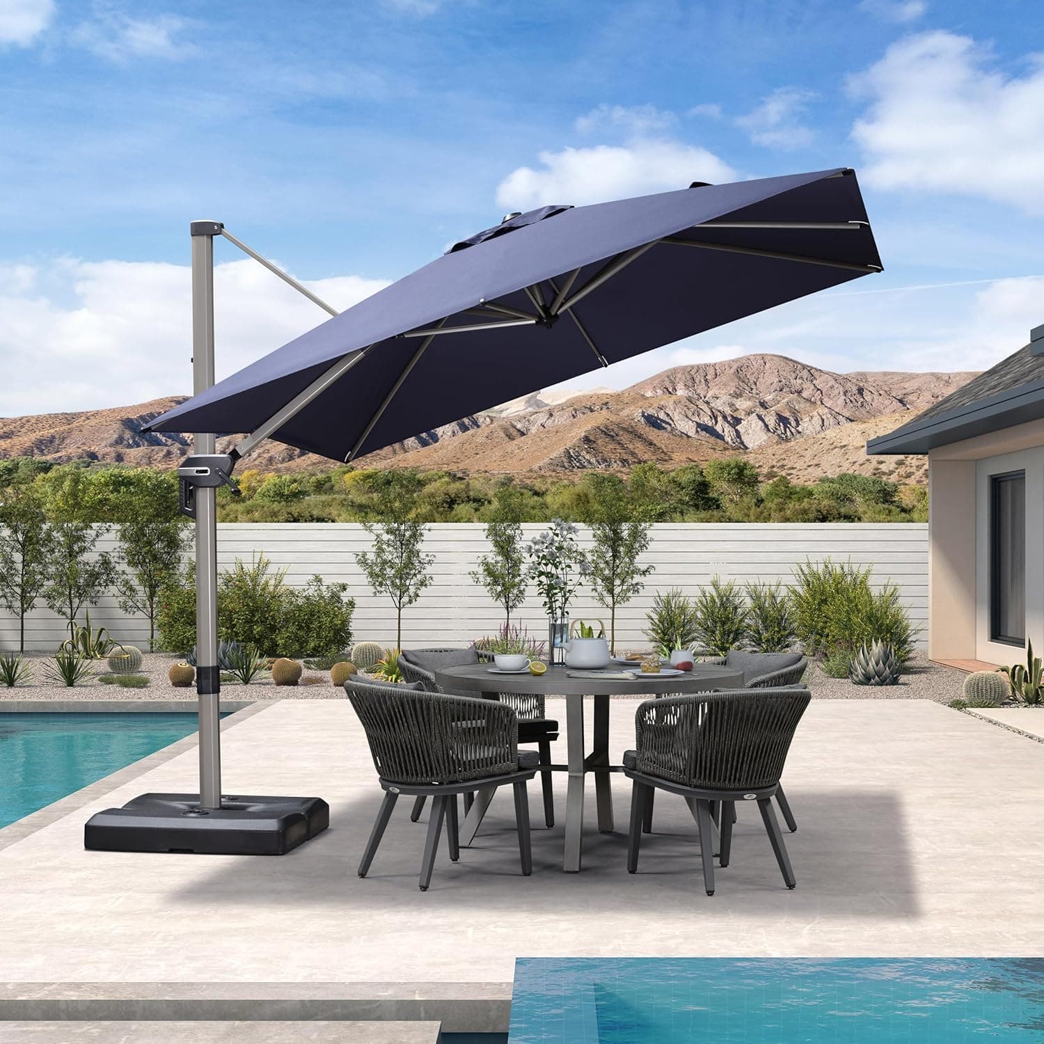 PURPLE LEAF 9’ X 9‘ Patio Umbrella Outdoor Cantilever Umbrella, Aluminum Offset Umbrella with Champagne Frame and 360° Rotation for Pool Deck Garden, Navy Blue