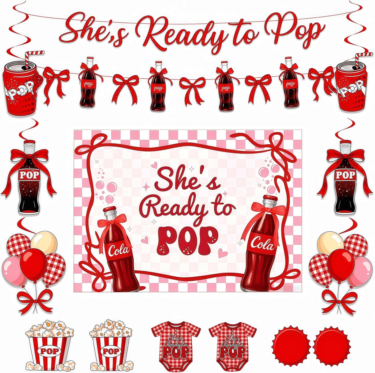 14 PCS Baby Shower Decorations, Vintage Soda Themed Party Supplies Set including Backdrop, Banner, Honeycomb Table Centerpieces and Hanging Swirls for Baby Shower Party Decor