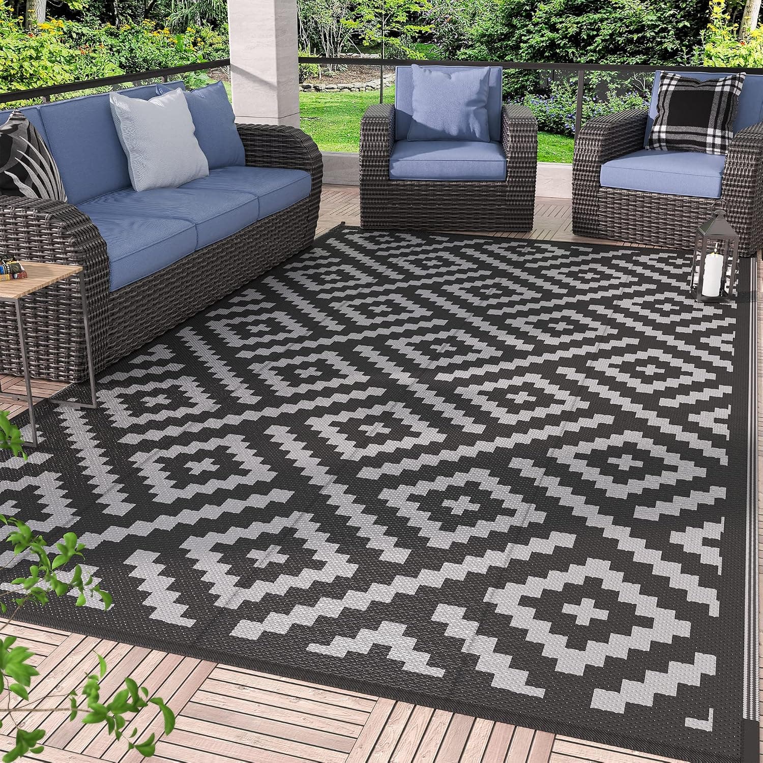 GENIMO Outdoor Rug for Patio Clearance, 5'x8' Waterproof Mat - Reversible Black & Gray