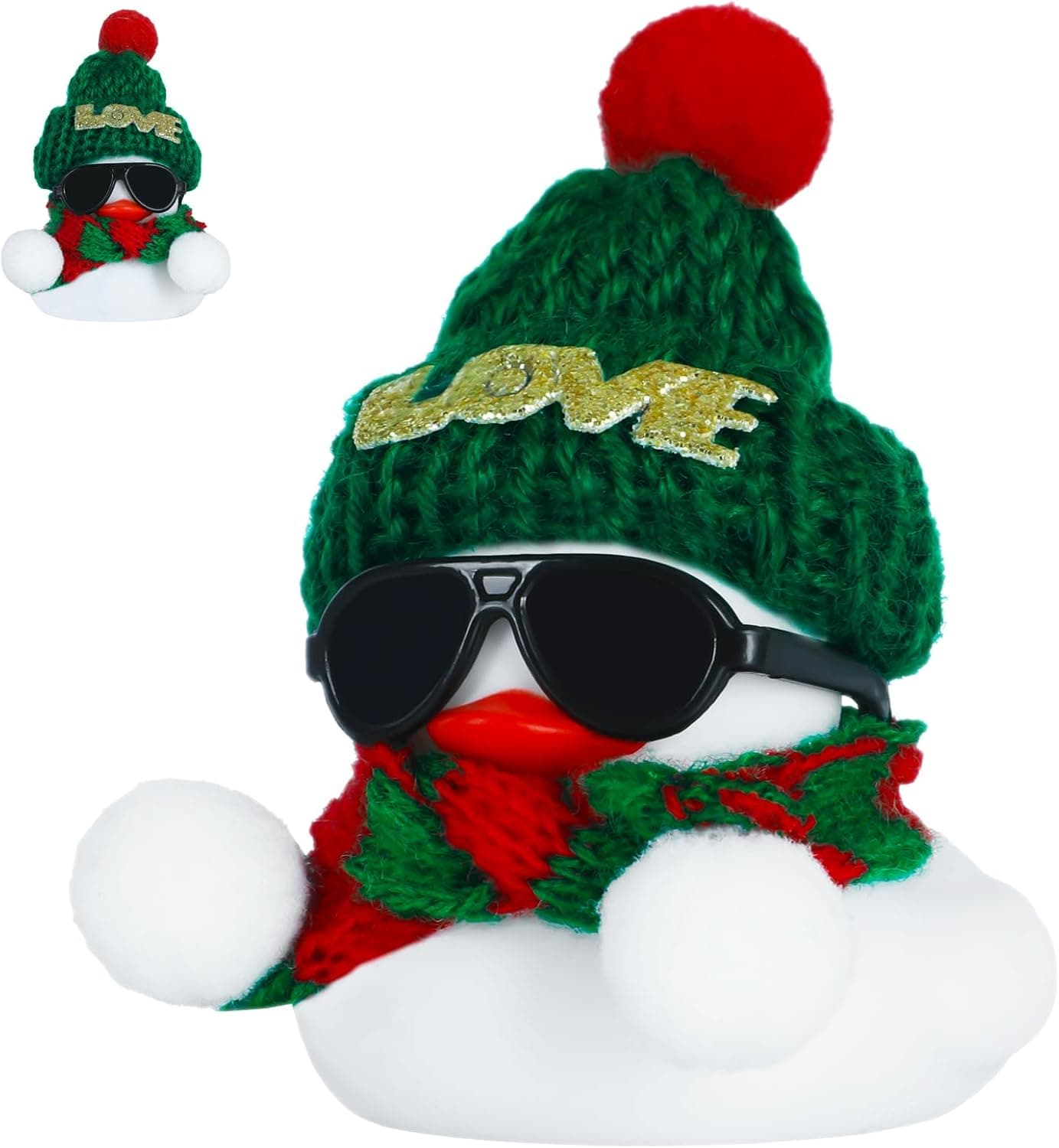 Rubber Duck Car Dashboard Decor with Green Knit Hat, Sunglasses & Scarf โ Funny Stress Relief Novelty Gift