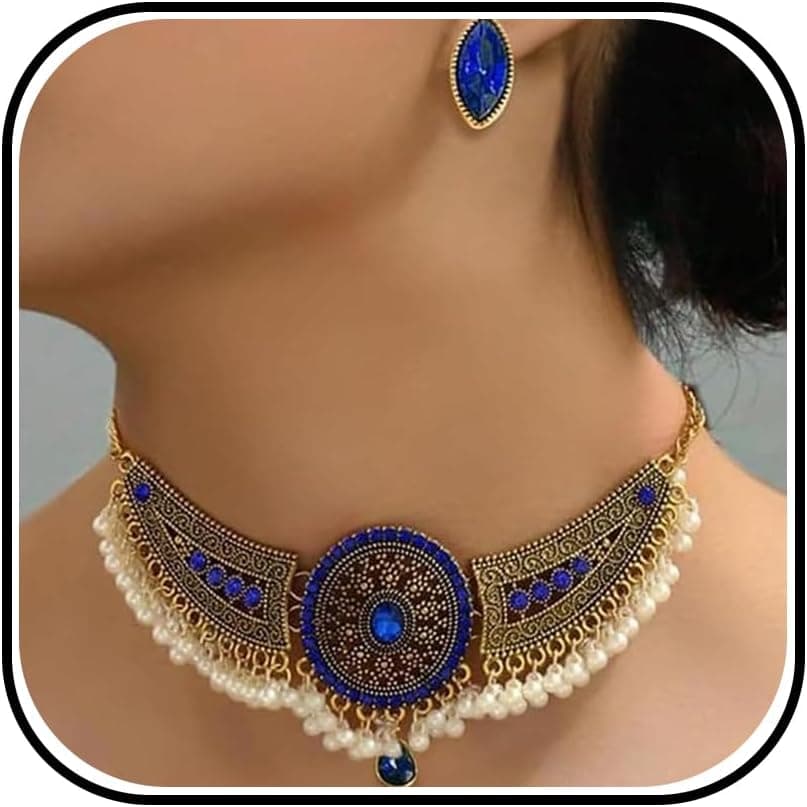 Indian Jewelry Sets for Women Choker Necklace and Earrings Set for Wedding Bollywood Jewelry Sets Bharatanatyam Indian Dresses Outfits for Women Diwali Gifts