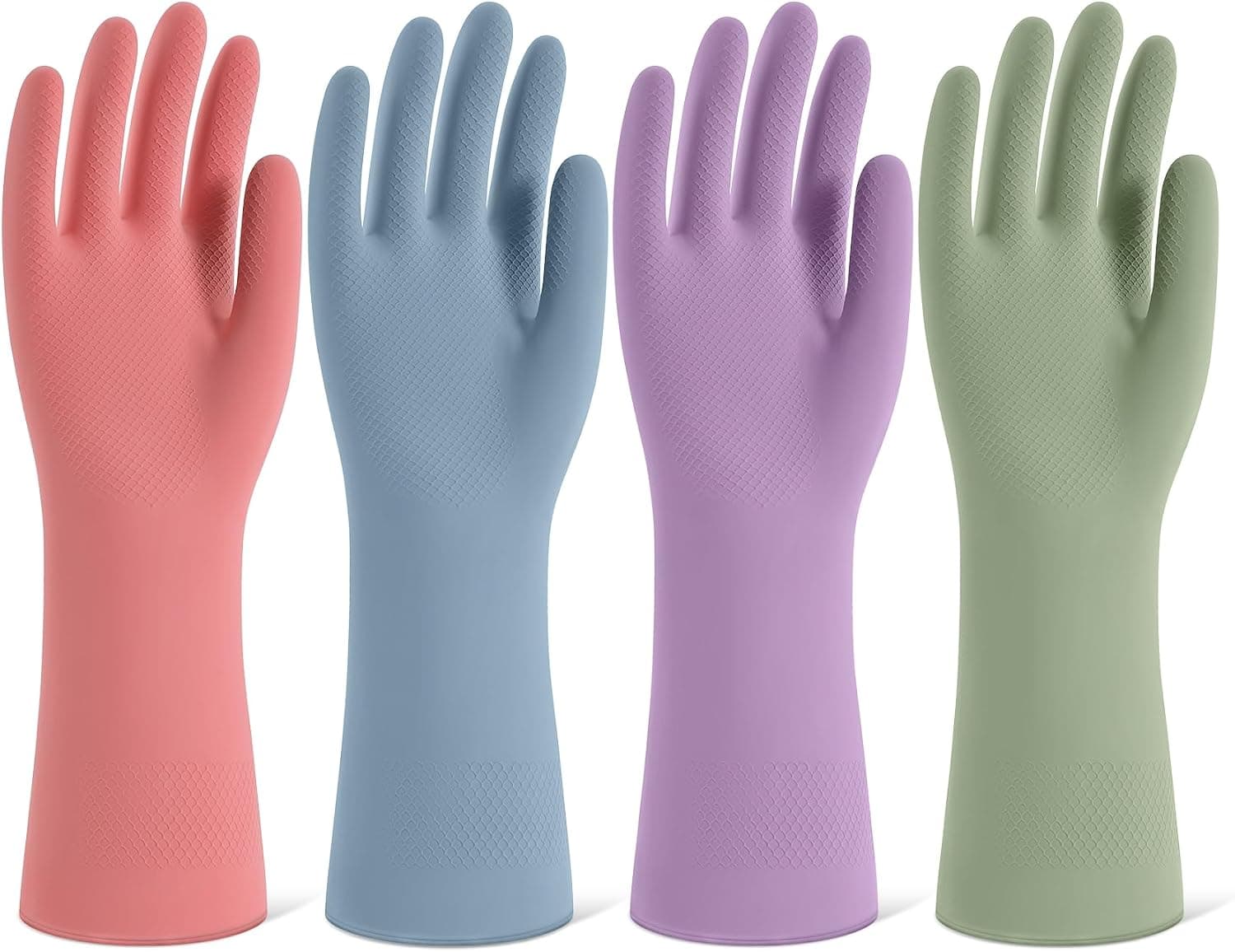 Rubber Cleaning Gloves for Dishwashing, 4 Pairs Reusable Kitchen Gloves with Non-Slip Grip and Flocked Lining