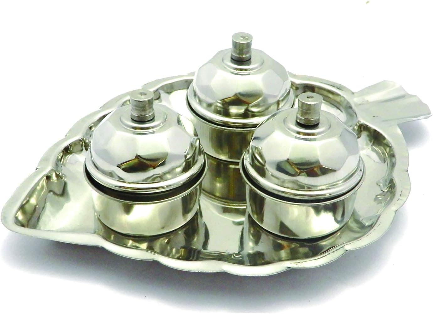 DBY Haldi Kumkum Holder Designer Home Decorative 3 Containers Pooja Thali Haldi Kumkum Stand Box Stainless Steel Diwali Gift Festive Puja Items