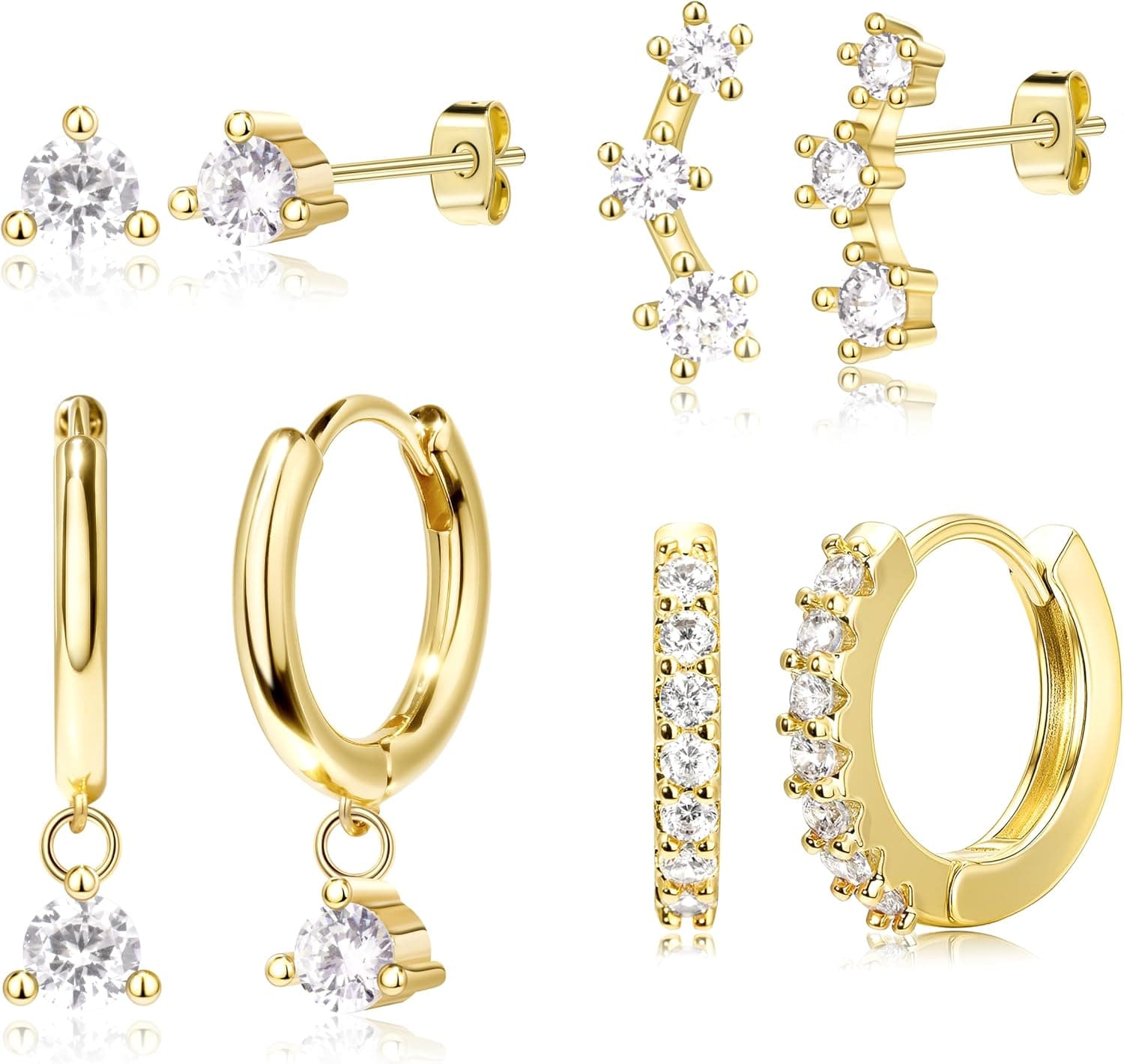 4 Pairs Stud Hoop Earrings Set for Women, Trendy Dangle Jacket Huggie Stacks for Multiple Piercing, Hypoallergenic Cartilage Jewelry Gifts - image 1